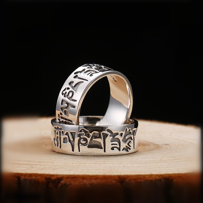 Unibabe Real Silver Spell Carving Closed Ring S925 Streling Silver Buddha Mantra Ring