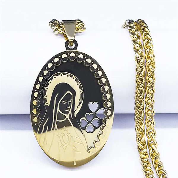 Double Layer Stainless Steel Virgin Mary Medal Pendant Necklace Women/Men Gold Color Long Chain