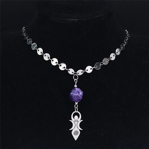 Boho Moon Vortex Goddess Natural Crystal Stainless Steel Necklaces Women