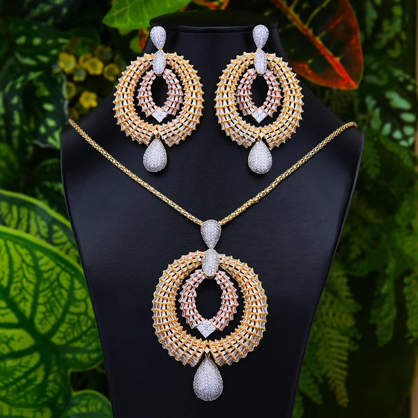 New 2PCS Luxury Noble Shiny Big Pendant Drop Earrings Necklace Jewelry Set