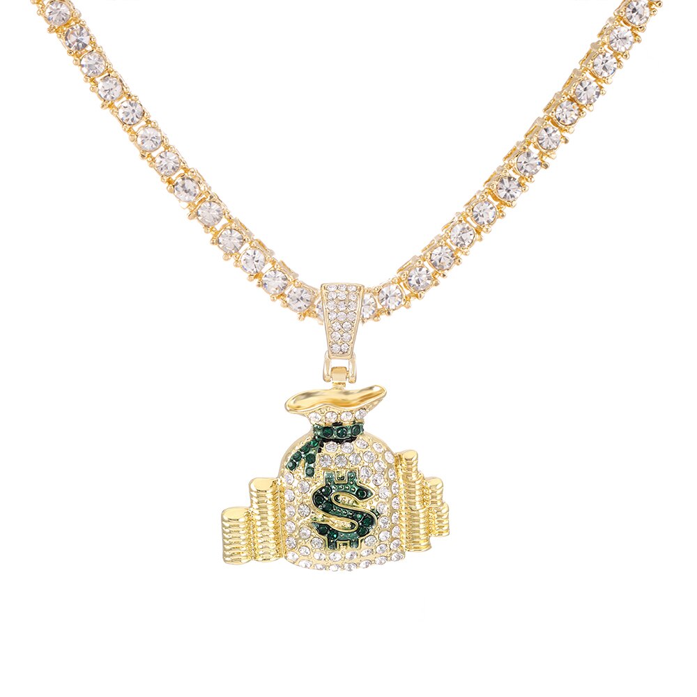 Hip Hop Money Bag With Dollar Logo Pendant Luxury Iced Out Necklace