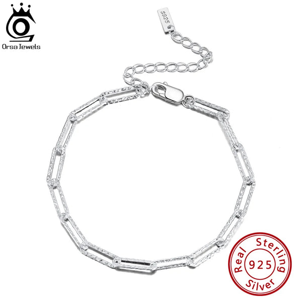 925 Sterling Silver Handmade 3.5mm Paperclip Link Hammered Chain Bracelet for Women