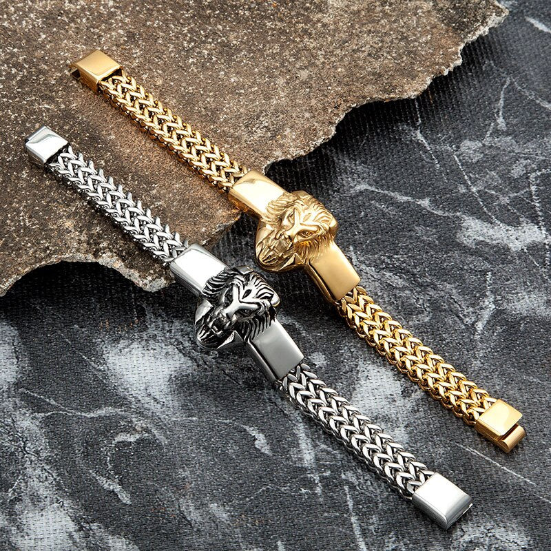 Stainless Steel Men Gold Lion Chain Bracelet