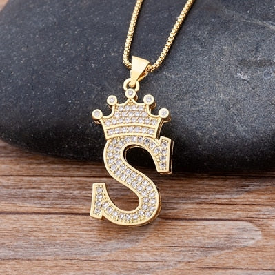 New Design 26 Letters A-Z Zircon Crown Initial Alphabet Pendant Necklace