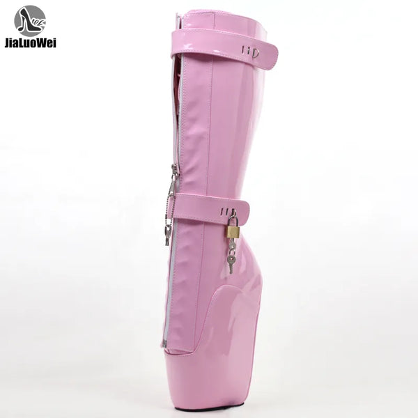 Women Sexy Boots 18cm High Wedge Heel Heelless Sole Lockable Zipper padlocks Knee-High Ballet Boots