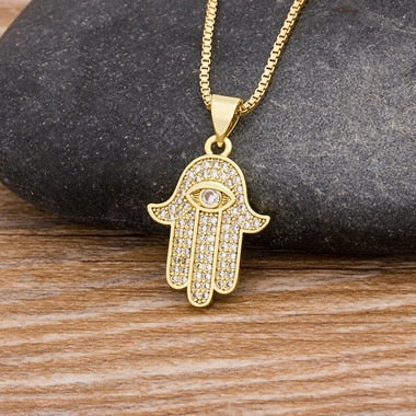 Women Men Hamsa Hand Necklace Gold Color Copper Zircon Evil Eye Pendant