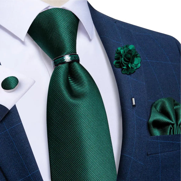 Green Solid Men's Ties Brooch Handkerchief Cufflinks Wedding Party Ties For Men