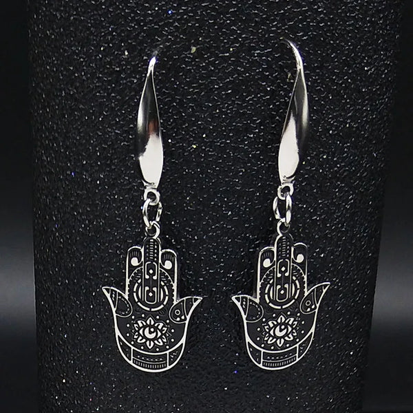 Hamsa Hand Devil Eye Stainless Steel Earring Women Black Enamel Drop Earrings