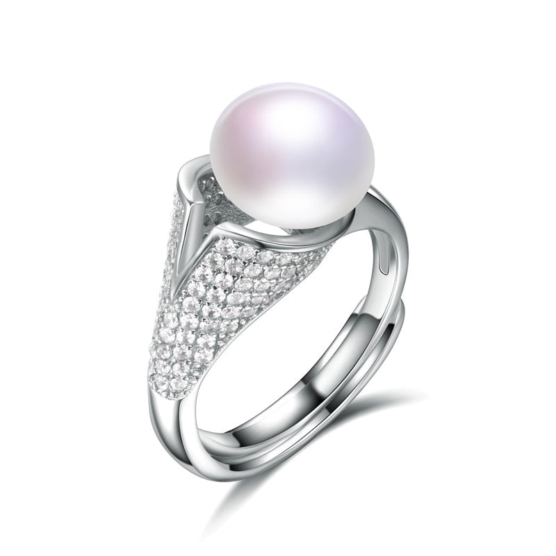 Zircon 9mm Genuine Natural Pearl Ring, 925 Sterling Silver Rings for Women