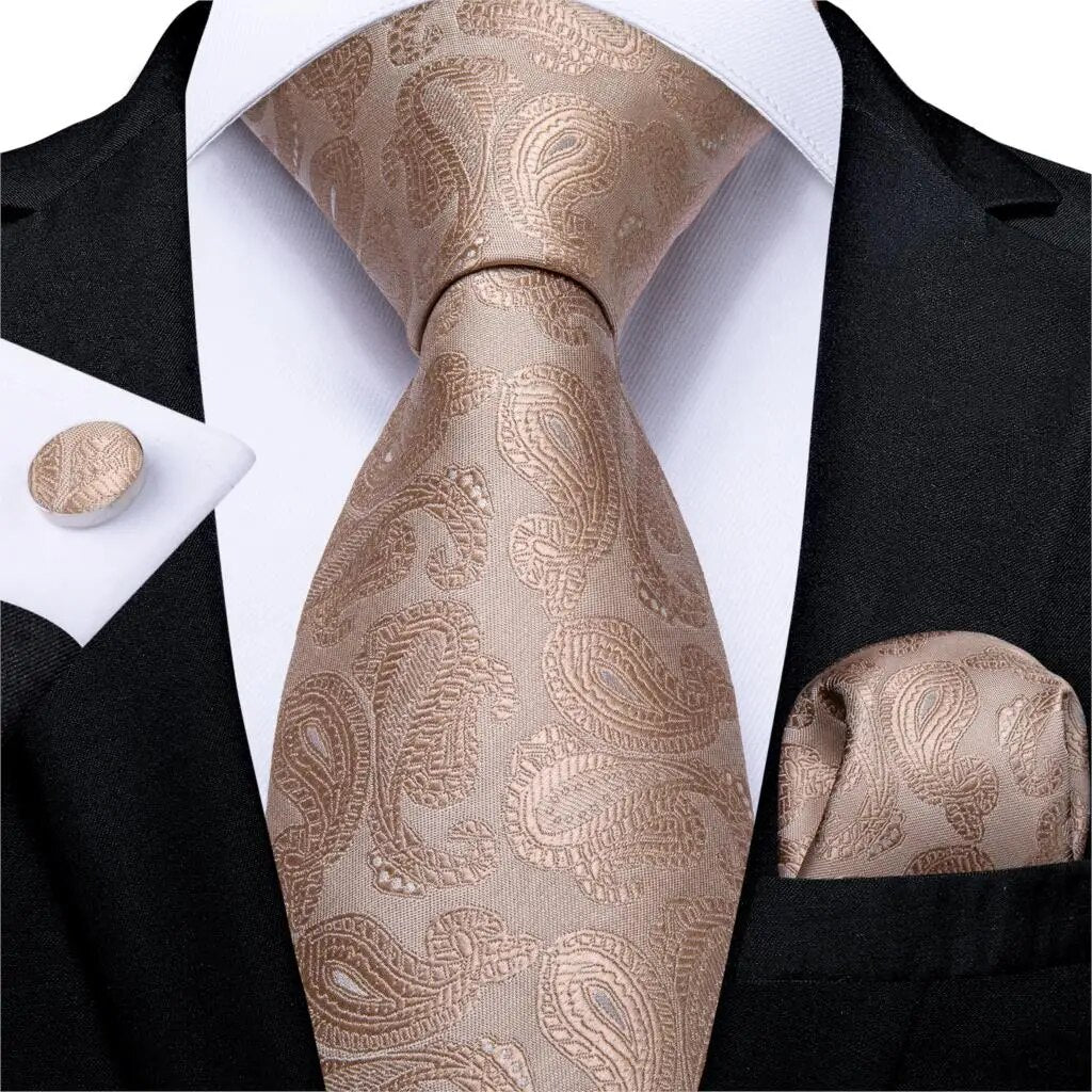 Quality Men Tie Champagne Paisley Silk Wedding Tie For Men Hanky Cufflink Gift Tie Set