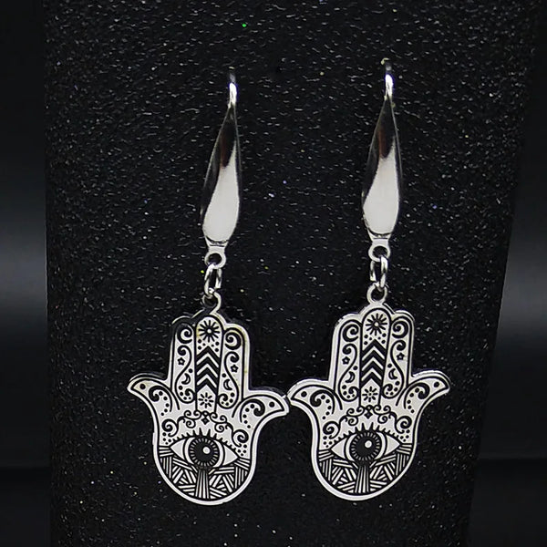 Hamsa Hand Stainless Steel Dangle Earrings Women Black Enamel Earrings