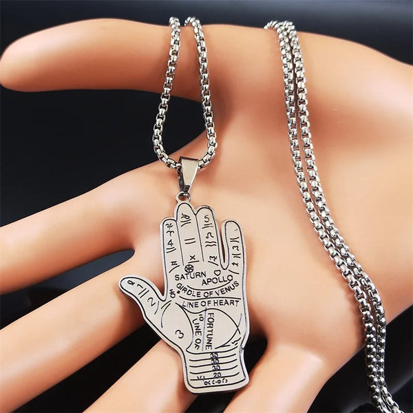 Witchcraft Divination Hand Stainless Steel Chain Necklaces for Women Esoteric Palmistry Pendant