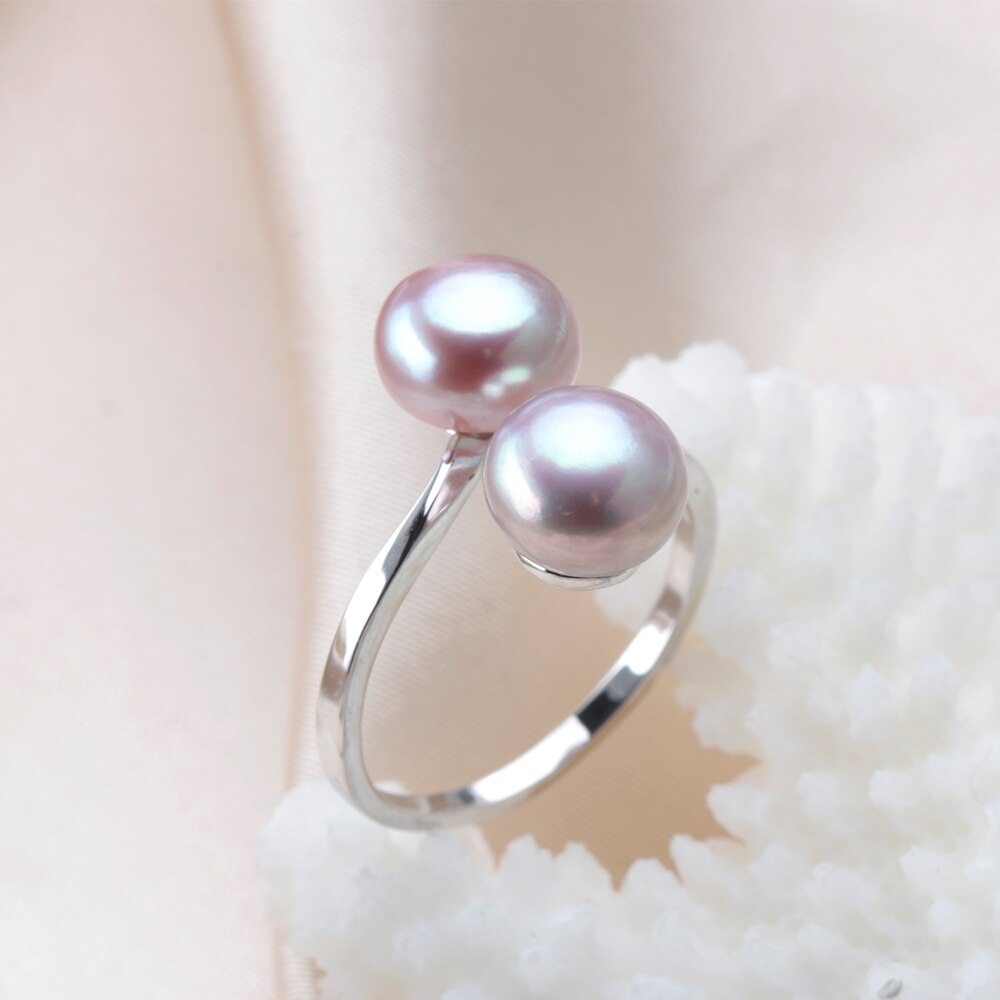 Fashion Simple Double Natural Freshwater Pearls 925 Silver Open Finger Ring