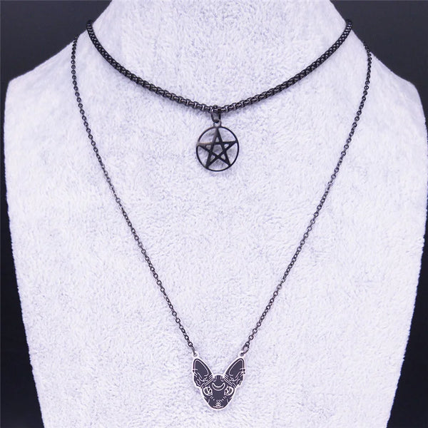 Witchcraft Pentagram Hairless Cat Stainless Steel Layered Necklace Women