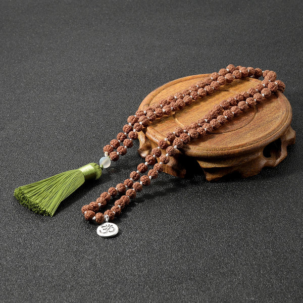 108Mala Bead Knotted Necklace Natural Rudraksha Rosary Tassel Meditation Blessing Yoga Declaration