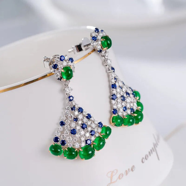 High Quality Silver Color Imitated Emerald Earring Classic Fan-shaped Temperament Earring Women