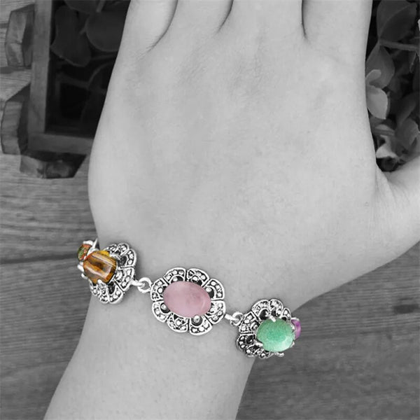 Oval Colorful Natural Stone Flower Bracelet For Women