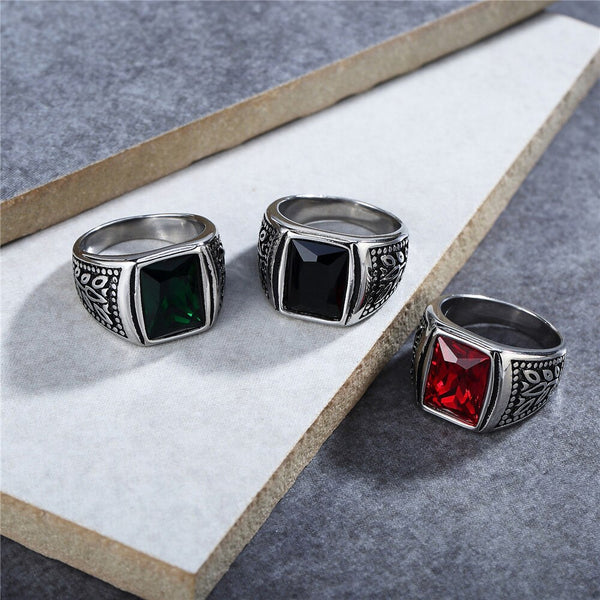 Vintage Stainless Steel Carved Pattern Red Stone Ring For Men Women