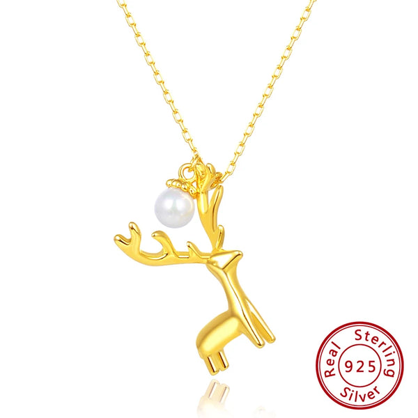 925 Sterling Silver Christmas Gift Deer Necklace with Delicate Pearl