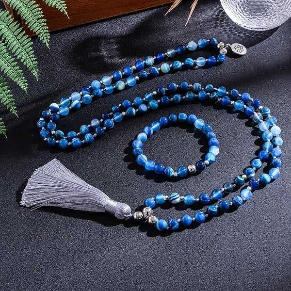 108 Natural 8mm Blue Agate Beaded Knotted Japamala Necklace Meditation Yoga Blessing Jewelry Sets