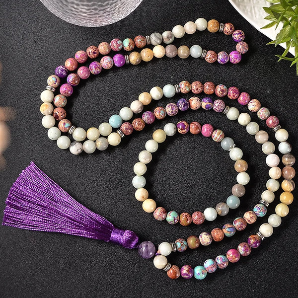 108 Natural 8mm Emperor Jasper Amazonite Stone Beaded Mala Necklace Meditation