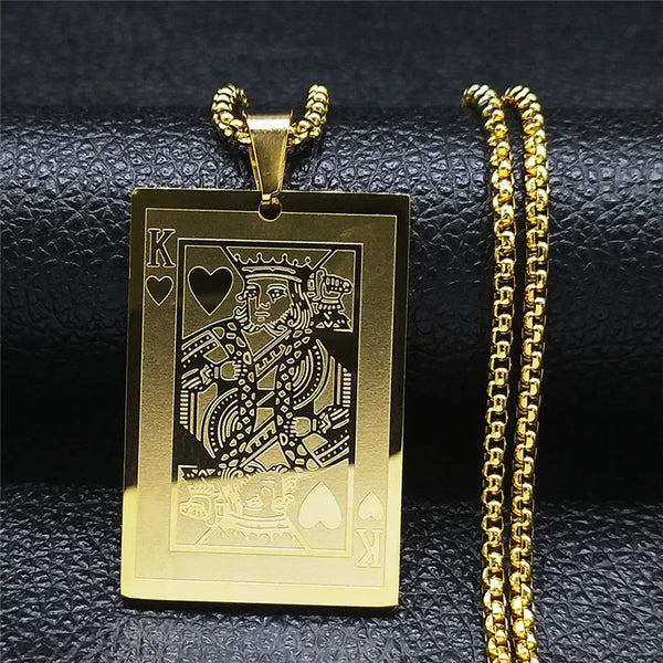 Stainless Steel Poker KING Pendants Necklaces for Women/Men Long Gold Color Chain Necklace