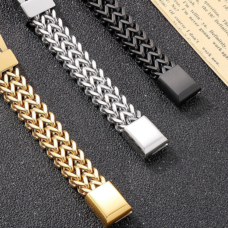 Luxury Gold Plated Men Bracelet Black Stainless Steel 12MM Link Chain