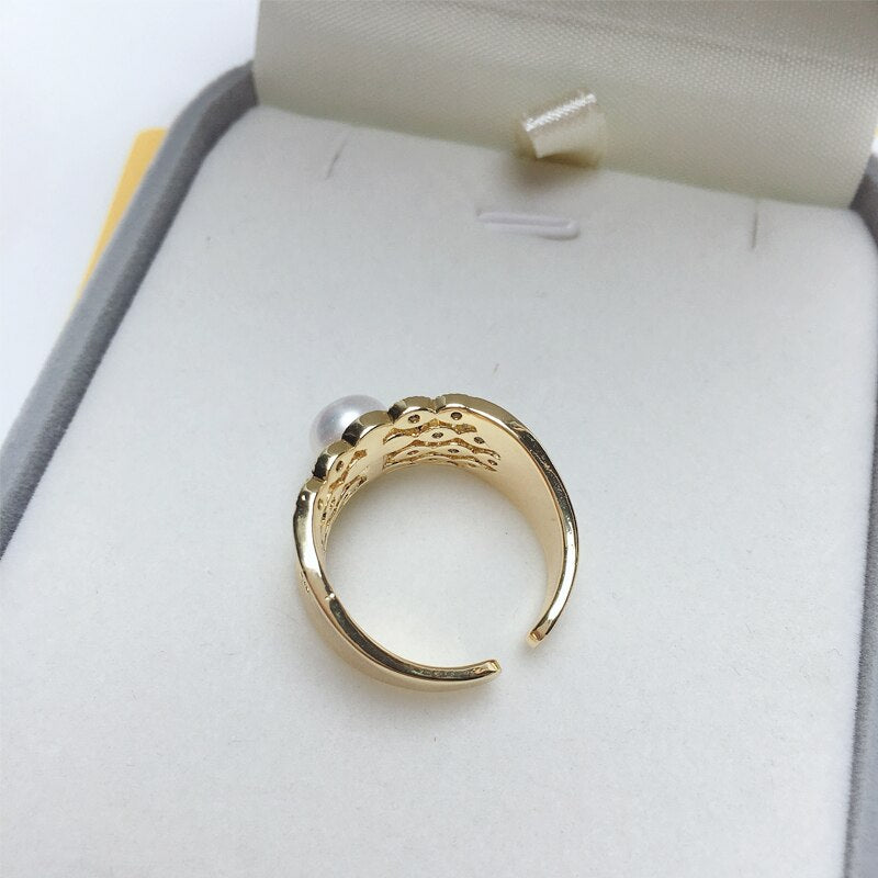 Real Natural Pearl Ring 14K Gold Gild Design Female Open Ring