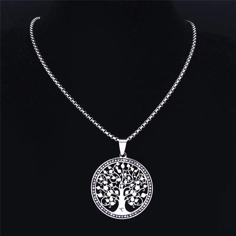 Tree of Life Stainless Steel Necklaces for Men/Wmen Blacke Crystal Pendant Necklace