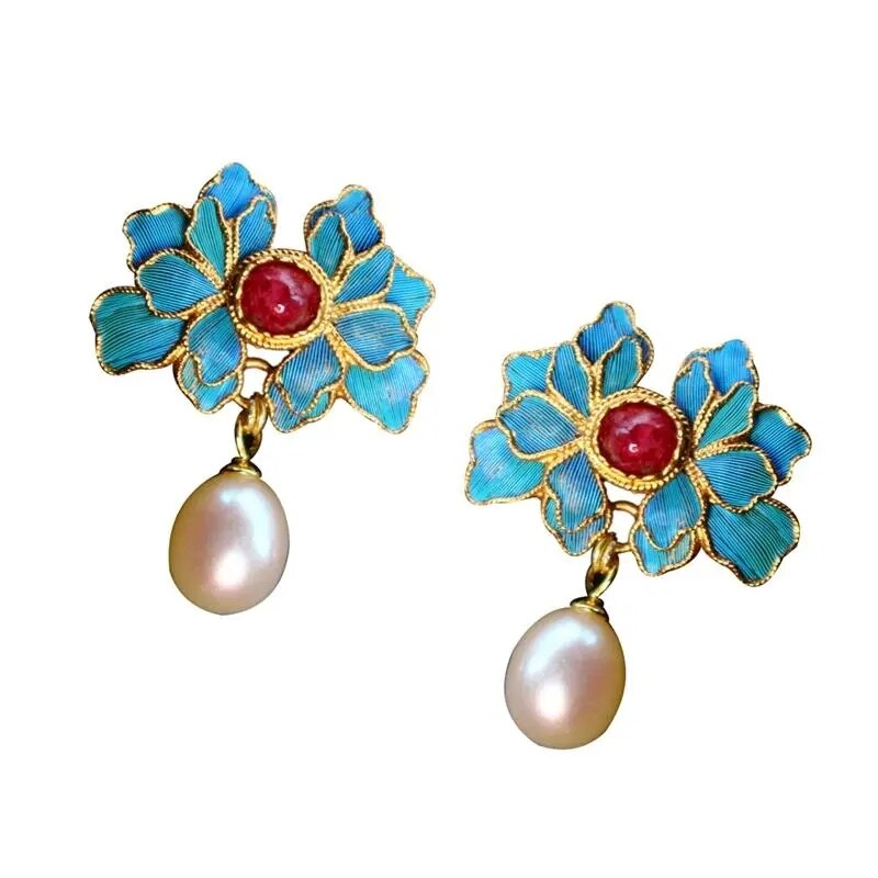 Original designer craft Cloisonne gilt silk Ruby Pearl Earrings