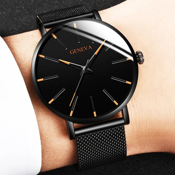 Stainless Steel Mesh Belt Quartz Watch for Men Minimalist Ultra Thin Clock