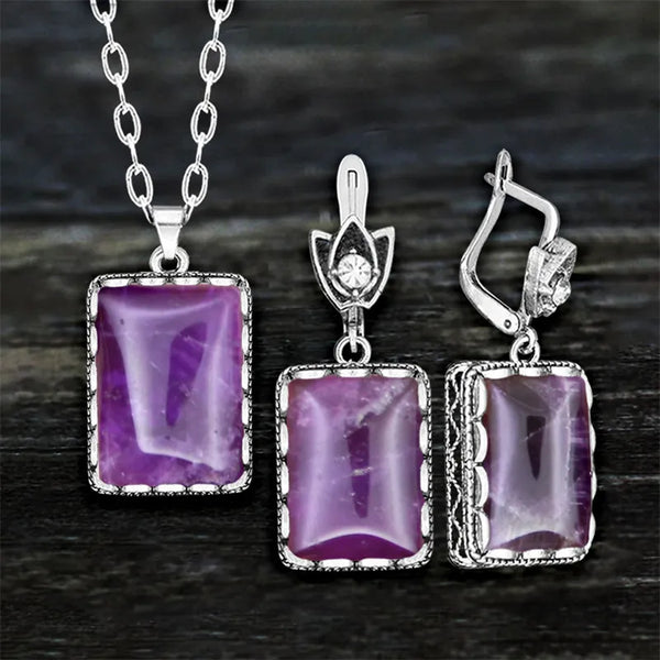 Vintage Square Natural Amethysts Set For Women