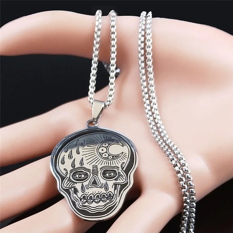 Stainless Steel Gothic Mexican Sugar Skull Necklace for Women