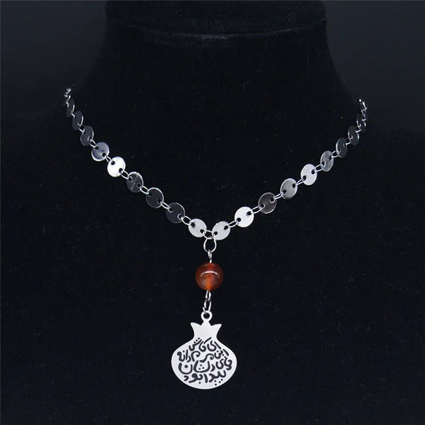 Persian Pomegranate Stainless Steel Stone Necklace for Women Silver Color Necklace