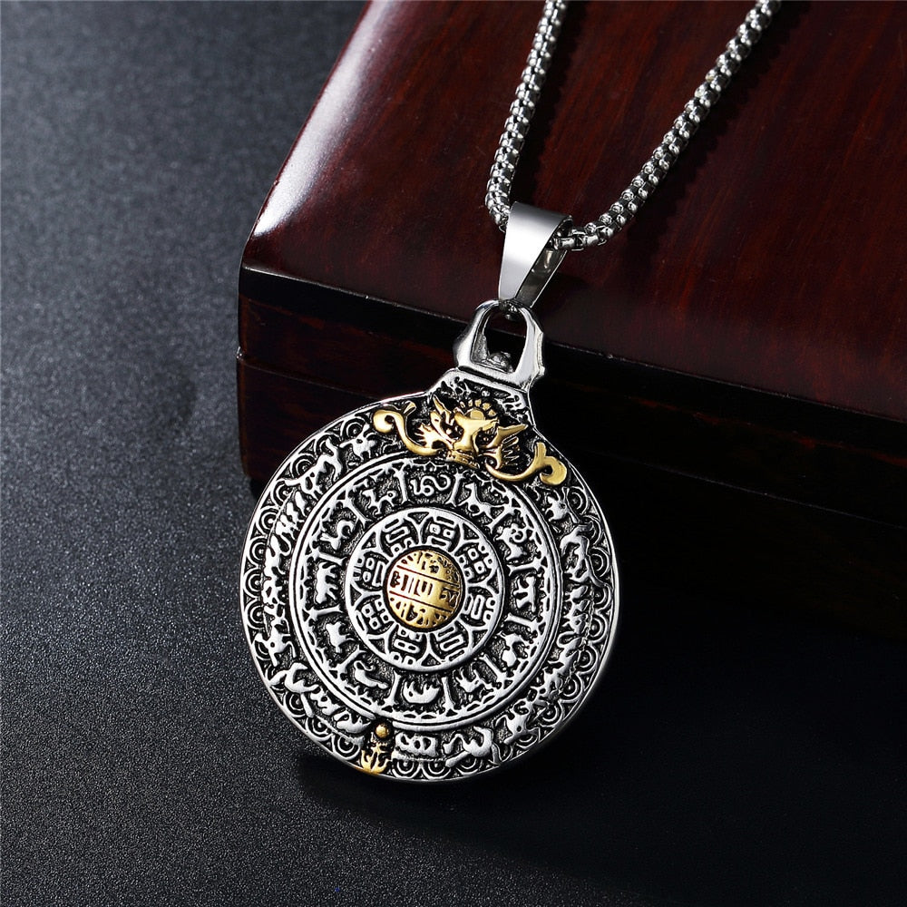 Retro Amulet Nine Palaces Bagua Pendant Stainless Steel Zodiac Men Necklace