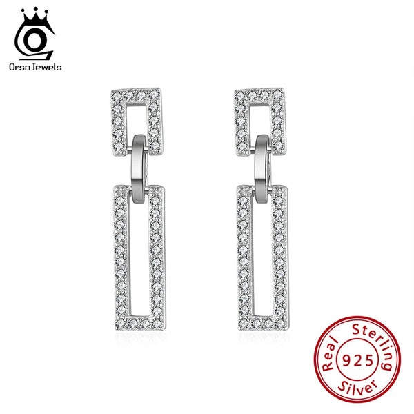 Classic 925 Sterling Silver Drop Earrings Rectangle Dangle For Women