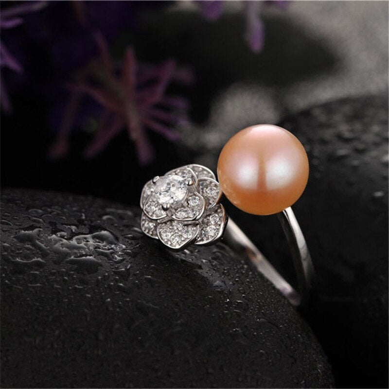 Three-dimensional flower 9-10mm natural freshwater pearl ring for women