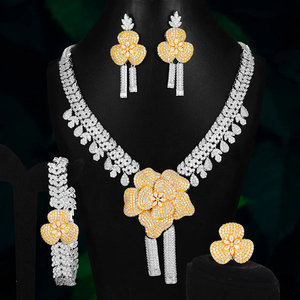 Luxury Shiny 4PCS Flowers Necklace Bracelet Earrings Ring Jewelry Set for Women