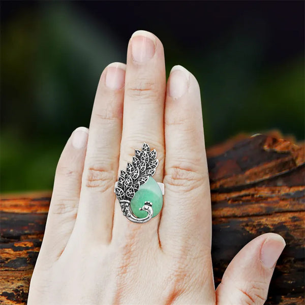 Vintage Peacock Natural Rose Quartz Jades Adjustable Rings For Women