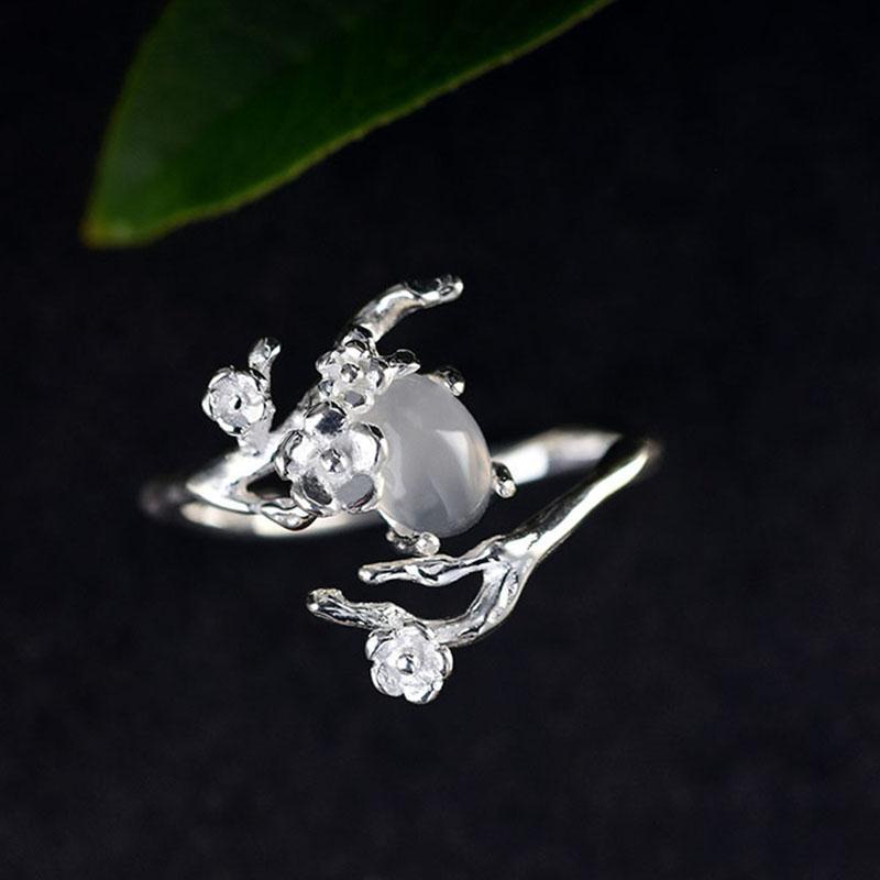 Moonlight White Chalcedony Plum Opening Adjustable Women Ring