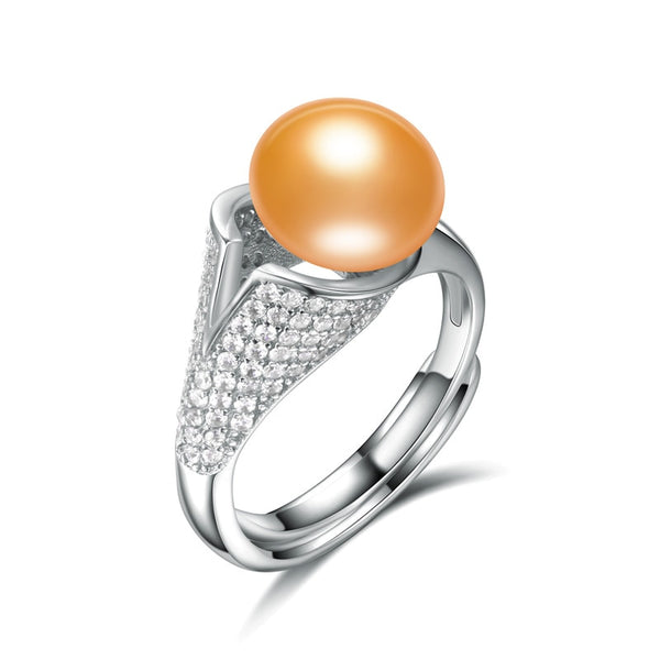 Zircon 9mm Genuine Natural Pearl Ring, 925 Sterling Silver Rings for Women