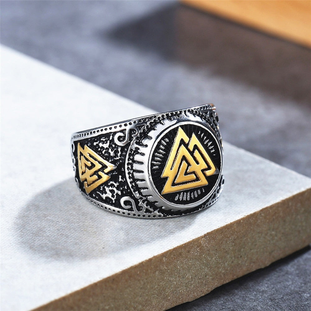 Vintage Viking Valknut Ring For Men Stainless Steel Nordic Odin Triangle Viking Ring