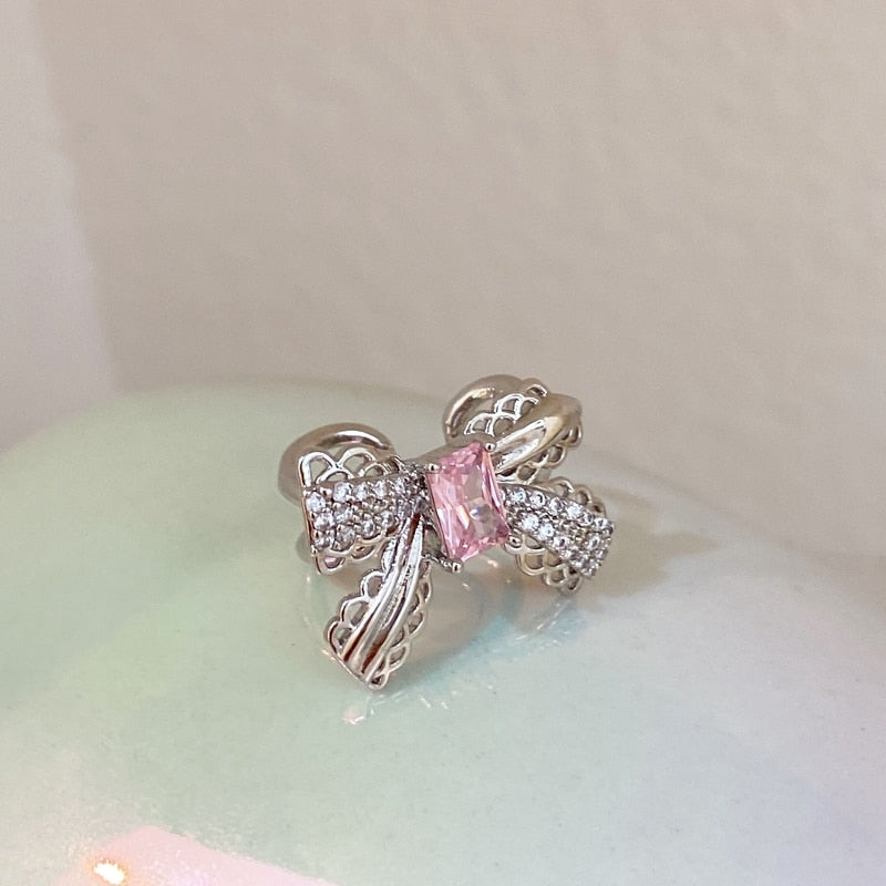 Korean Delicate Pink Crystal Bowknot Clip Earrings For Women