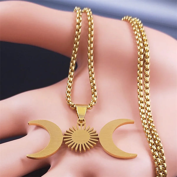 Witchcraft Triple Moon Goddess Necklaces Stainless Steel Wiccan Crescent Moon Necklace