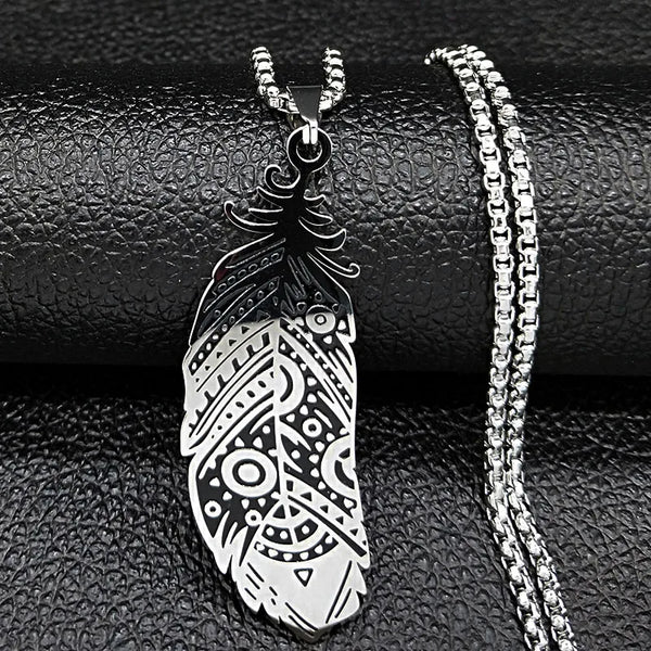 Bohemian Feather Stainless Steel Statement Necklace for Women Silver Color Necklaces