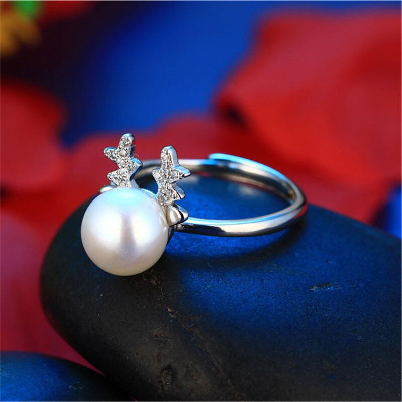 Drill With Deer Genuine Natural Pearl Ring, 925 Sterling Silver Rings for Women