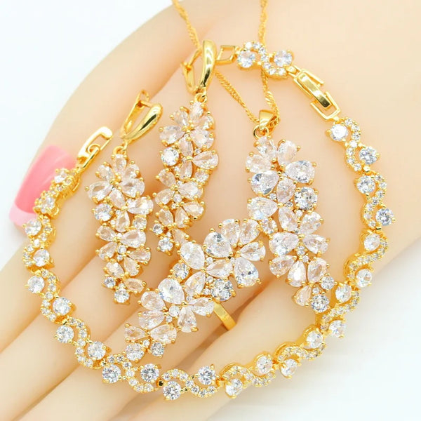 White Zirconia Luxury Gold Plated Jewelry Sets for Women