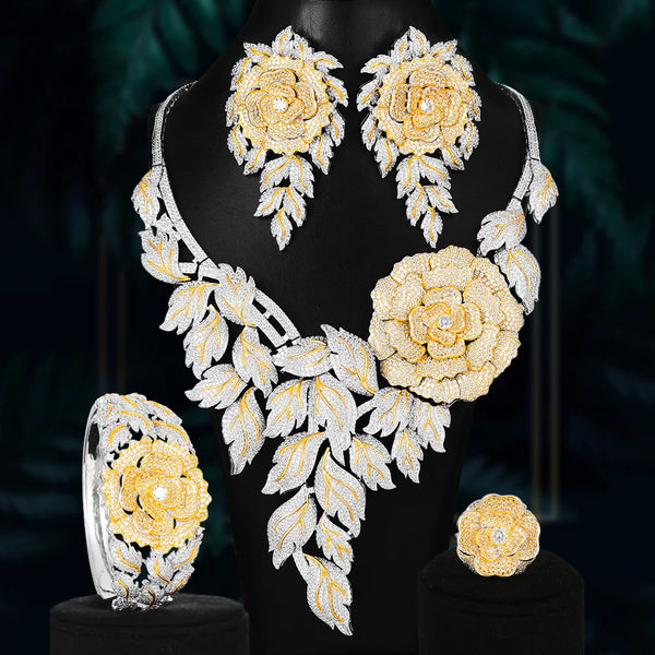 New 4PCS BIG Luxury Bicolor Peony Flowers Statement Jewelry Set For Women