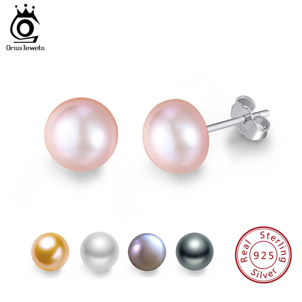 925 Sterling Silver Pearl Earrings 8mm White Pink Purple Round Freshwater Pearl Women Earrings