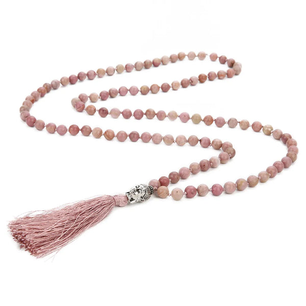 108 Mala Rhodolite Beaded Hand-Knotted Buddha Head Pendant Long Tassel Meditation